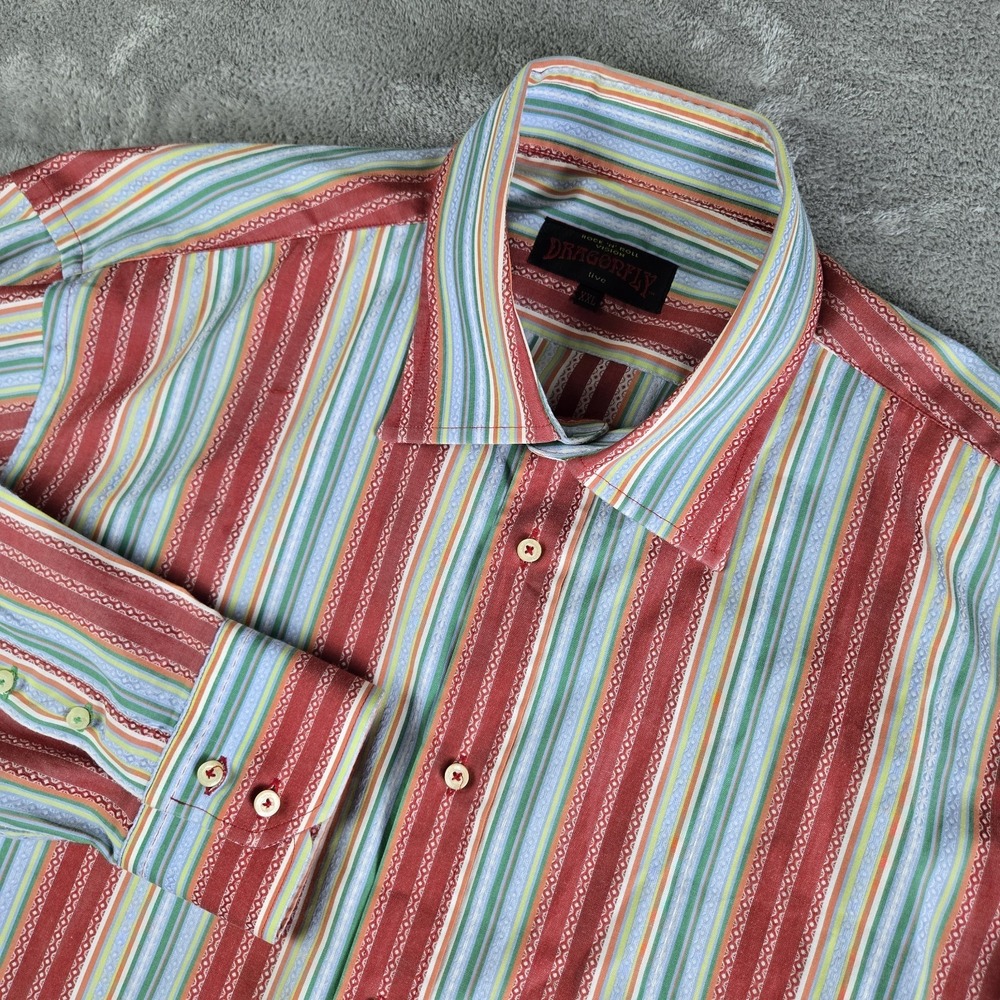 Dragonfly Shirt Men XXL Blue Orange Striped Long Sleeve Rock N Roll Vision Retro